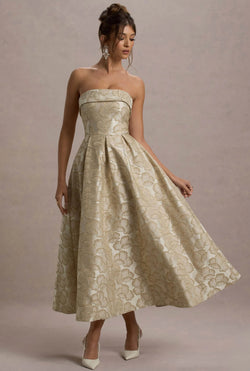Gold Metallic Jacquard Sleevless Mid -Length